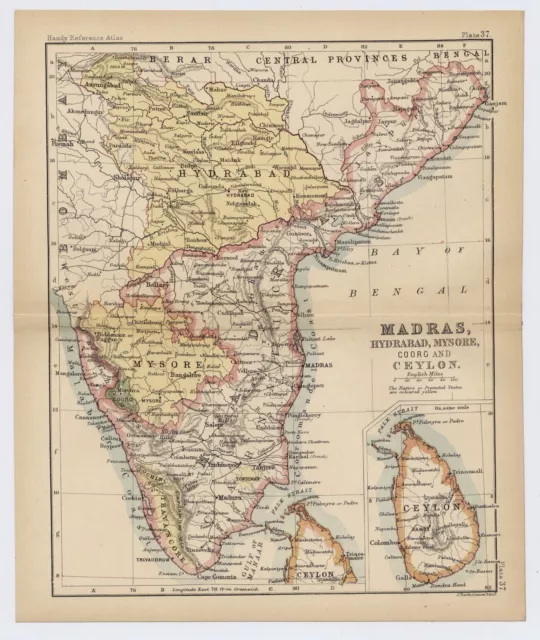 1888 Antique Map Of British India Madras Hydrabad Mysore Andra Pradesh Sri Lanka