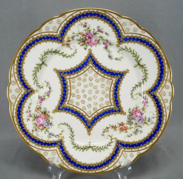 Sevres Style Bloch Paris Hand Painted Floral Cobalt Beaded Gold 10 1/2 Plate B
