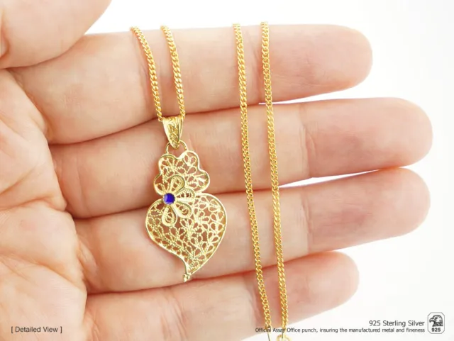 Portuguese FILIGREE Necklace Heart w/ Enamel Pendant 925 Sterling Silver Jewelry
