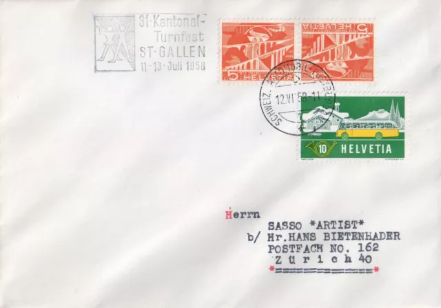 Schweiz Sonderstempel PEN A795 Automobilpost Kantonalturnfest St. Gallen 1958