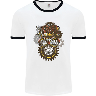 Steampunk Skull Mens White Ringer T-Shirt