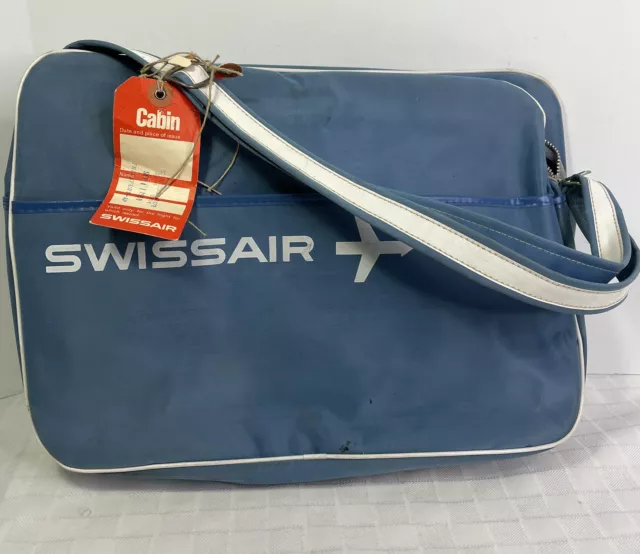 SWISSAIR Blue Nylon Overnight Bag Suitcase Luggage Shoulder Strap Cabin Tag VTG