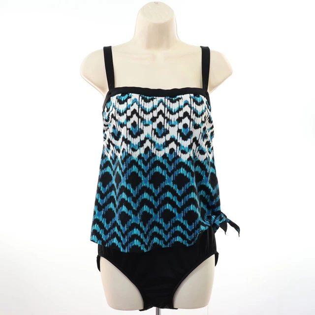 Rose Marie Reid Women's Swimsuit 10 One Piece Blue Black Tiered Removable Straps