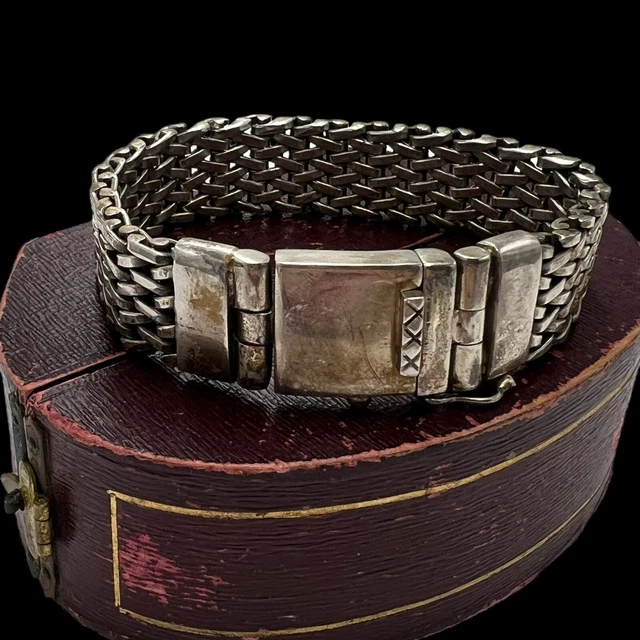 Antico Vintage Art Déco Argento Sterling Spesso Pesante Biker Link Bracciale