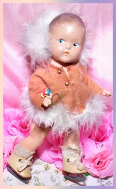 VTG 1940's Vogue Pre Ginny Toddles Ice Skater Composition 8" Doll Painted Eyes