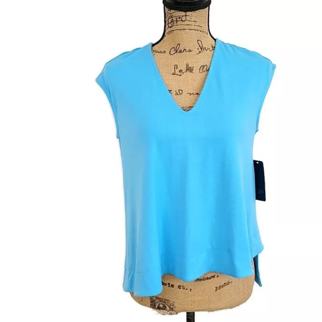 NWT Rachel Roy S Top Blue Cap Sleeve V Neck Asymmetric Hem