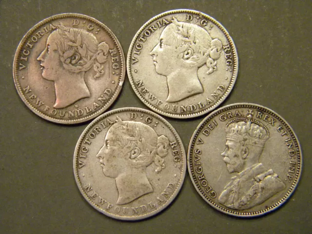 Four (4) Different Vintage Newfoundland Silver 20 Cent Coins Canada