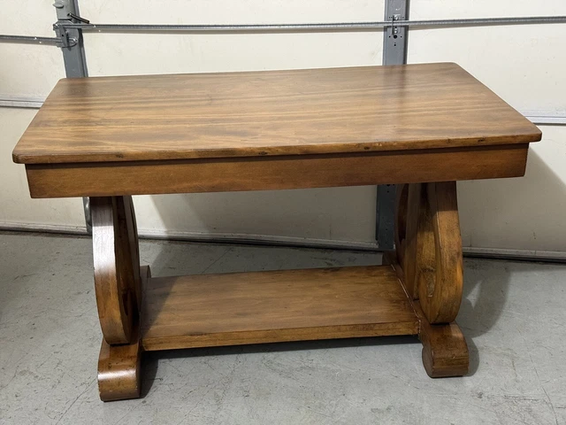 Antique Solid Oak Library Table with harp legs; Refinished. Good Condition.