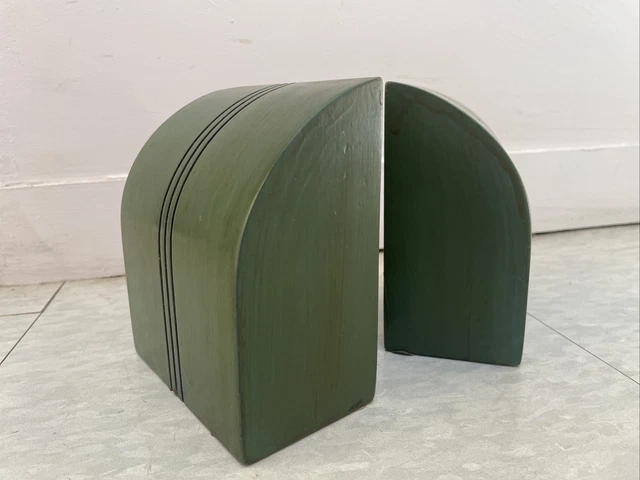 Vintage Bookends Wooden Green Mid Century Art Deco Style Handmade Architectural
