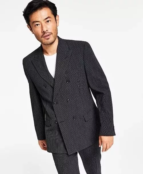 ALFANI Men's Slim-Fit Double-Breasted Pinstripe Suit Jacket 42L Black