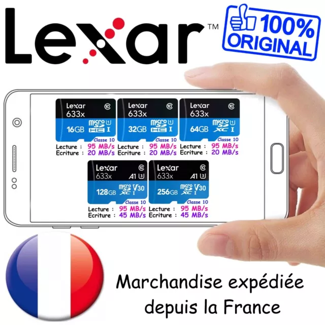 LEXAR Carte Mémoire Micro SD 95 MB/s 633x ( au choix 16 32 64 128 ou 256 Gb Go )