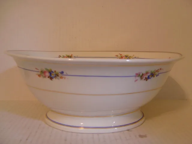 Vintage Beautiful Large Hand Painted Oval Footed Bowl Blue Floral Design