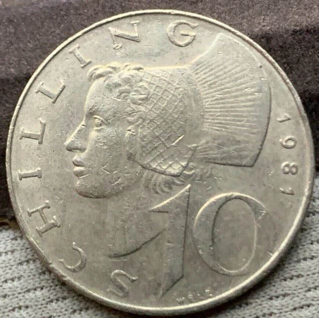 1987 Austria 10 Schilling Coin XF AU  eagle carries Austrian escutcheon  #B1526
