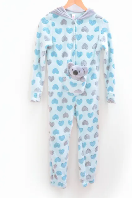 Justice Girl's Sz 10 Blue Pajamas Fleece Zip Up One Piece w/ Koala Hood Footies