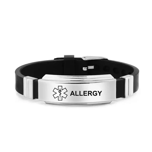 Pulsera de silicona médica consciente de alergias etiqueta de acero inoxidable