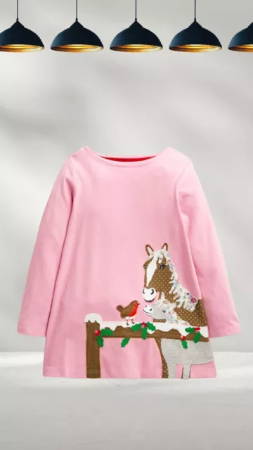 Ex Mini Boden Girl's Fun Applique Tunic in Formica Pink Horses (A Bit Defect)