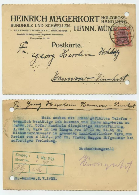 94928 - Postkarte Heinrich Magerkort, Holzgroßhandlung - Han.Münden 3.5.1922