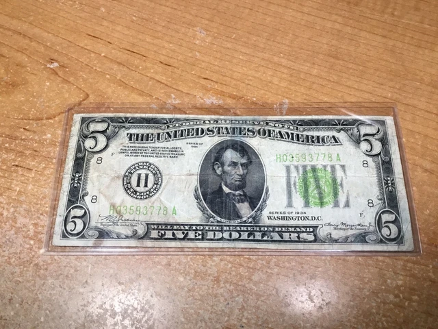 1934  $5 Five Dollar Bill-Federal Reserve Note St LouisGreen Seal-3778 A