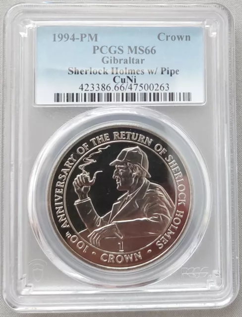 Gibraltar 1 Crown Unc Coin 1994 Year Km#285 Sherlock Holmes With Pipe Pcgs Ms66