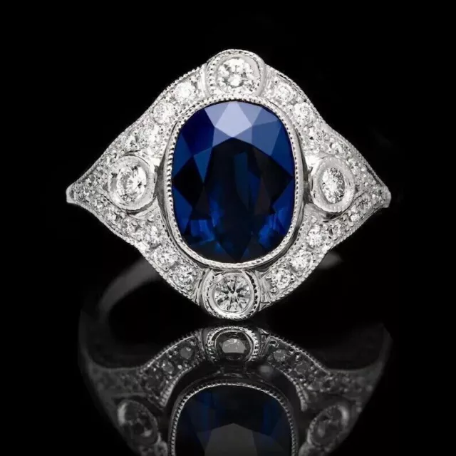 Art Deco Style 3.00 Ct Oval Cut Sapphire & Lab-Created Diamond Ring,925 Silver