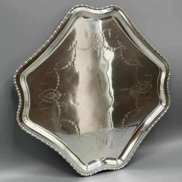 Antique Silver Plated Square Cocktail Tray English Edwardian Ribbon Bow Garlands