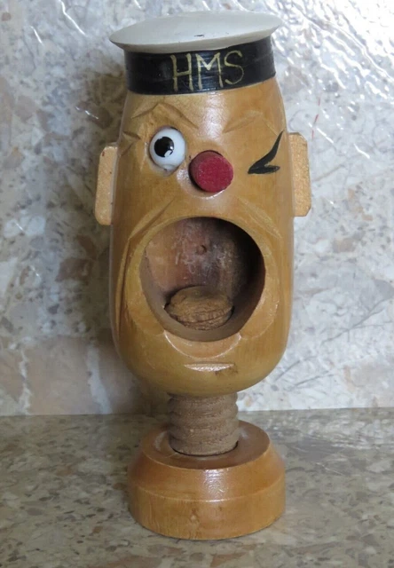 VTG Carved Wooden HMS Sailor Navy Man Screw Type Clamp Folk Art Nut Cracker 5" 