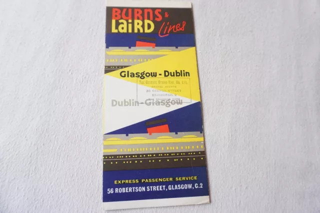 1965 Burns & Laird Lines Glasgow to Dublin Ireland Irish Shipping Timetable