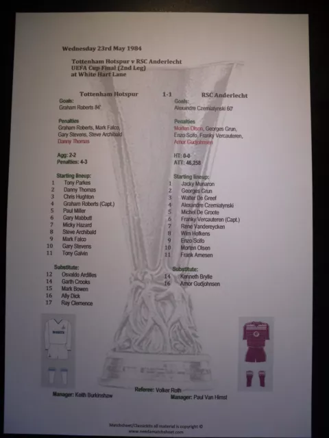 1984 UEFA Cup Final (2nd Leg) Tottenham Hotspur v Anderlecht matchsheet