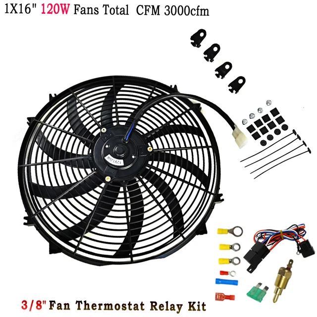 16 INCHES ELECTRIC Radiator Fan High 3000 Cfm+Thermostat Wiring Switch