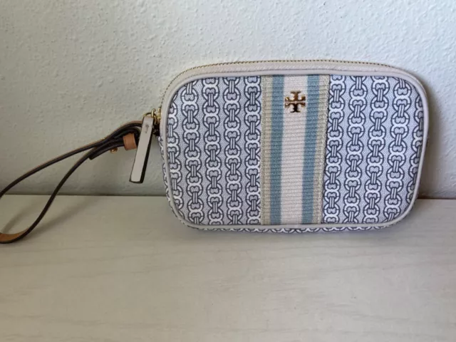 Tory Burch Wristlet Gemini Link Canvas Ivory Beige Blue Wristlet Clutch EUC