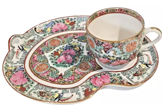 CHINESE EXPORT PORCELAIN FAMILLE ROSE Medallion Hong Kong TEACUP/SNACK PLATE