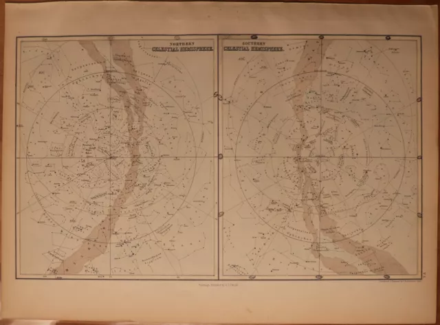 1856 Black's Celestial Hemispheres - North & South - Map 17.3" x 12.5" - Antique