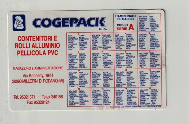 Calendario campionato di calcio serie A 1990-91 Cogepack 10,8x6,8 cm