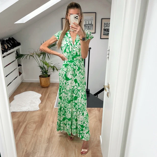 Zara Green Floral Midi Dress Zara Green Ecru Floral Midi Dress