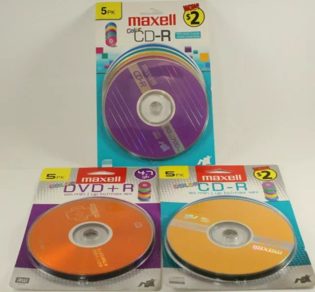  2- MAXELL 5PK 80 Min 700MB CD-R 1-MAXELL 5PK 4.7GB DVD+R  Bundle; New in pkgs