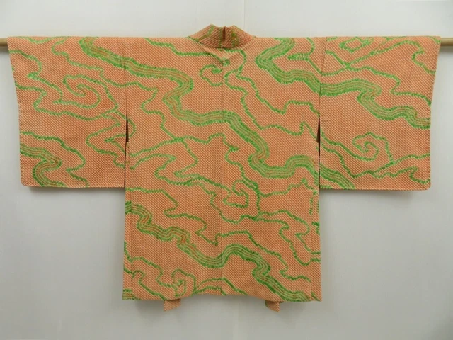 2827T01z570  Japanese Kimono Silk SHIBORI HAORI Stream Dark orange