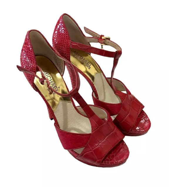 Michael Kors Platform Sandals Red Crocodile Print High Heel Women's Shoes 8 M