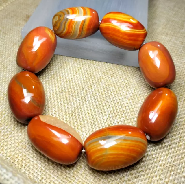 19*30MM Collection Ancient Natural Red Orange Agate Jade Carved Beads Bracelet