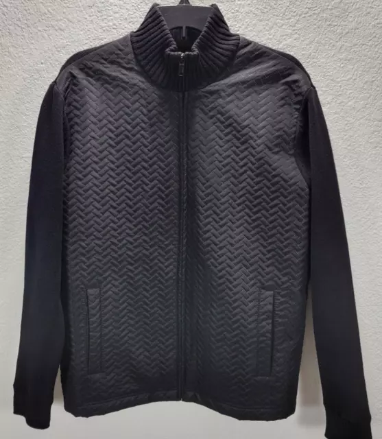 Alfani Mens Zip Front Quilted Fleece Lined Knit Jacket Medium Black Pockets