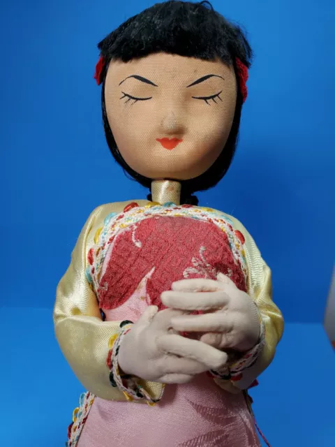 Vintage Chinese Female doll nylon face silk clothes wood base