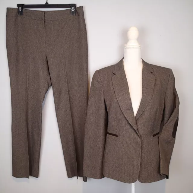 Tahari ASL brown Pant Suit jacket blazer sz 14 elbow patch ,trim faux leather