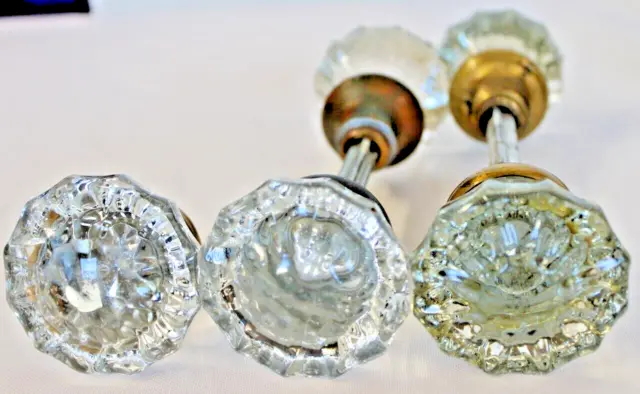 Vintage Antique Brass Crystal Glass Door Knobs 12 Point Star 5 Knob Bundle
