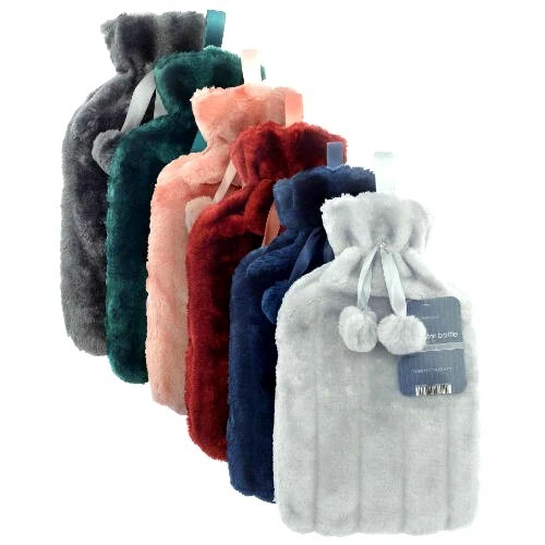 LUXURY FAUX FUR Fluffy Hot Water Bottle 2 Litre Pom Pom Cover Winter