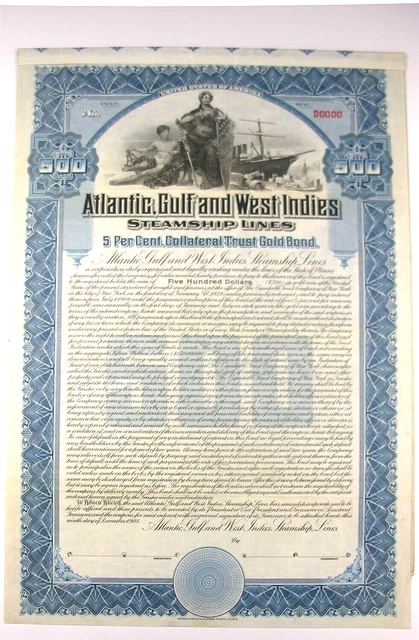 Vintage 1908 Atlantic, Gulf & West Indies Steamship Lines $500 Bond SPECIMEN