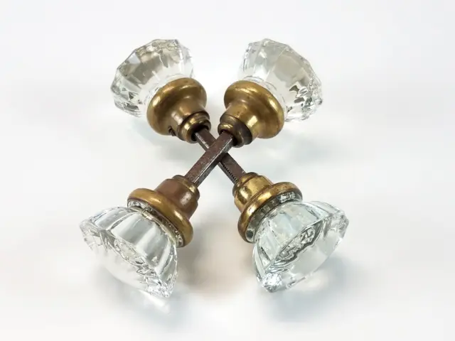 (4) Vtg 1930's 40's Art Deco 12 Point GLASS Doorknobs With Spindles & Set Screws