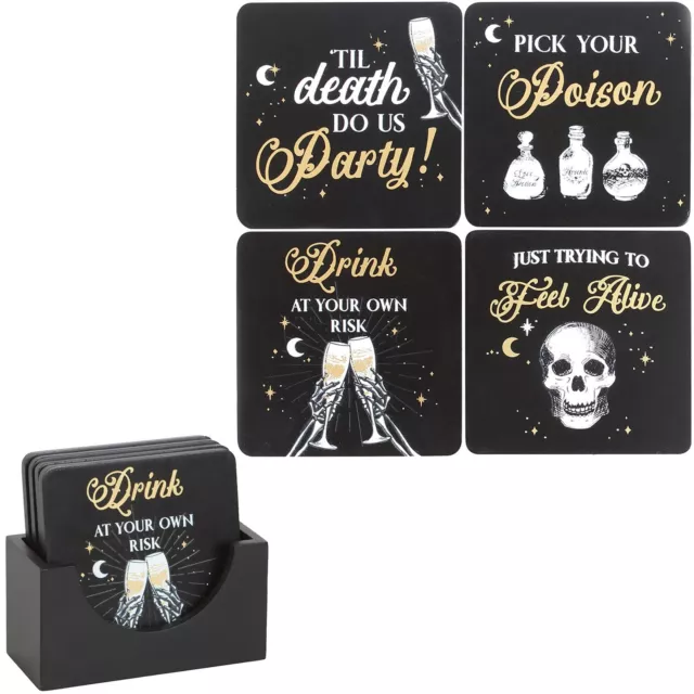 Set de 4 Posavasos Diseño Calavera Madera Con Soporte 'Til Death Do Us Party'