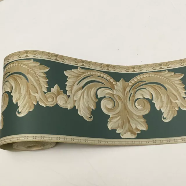 Green Gold Beige Acanthus Leaf Scroll Thick Cushion Textured Wallpaper Border