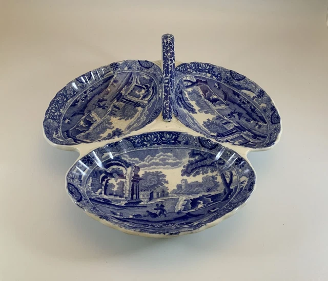 VINTAGE COPELAND SPODE Blue Italian 3 Section Serving Dish With Handle