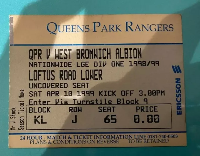 Queens Park Rangers V West Bromwich Albion - Match Ticket - Lge One - 10/4/1999