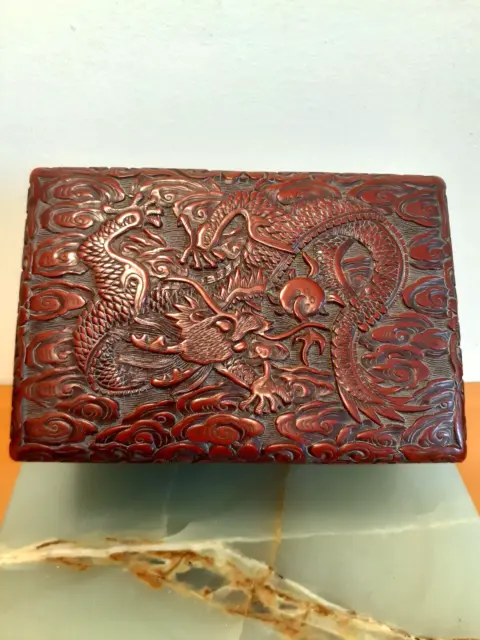 Antique Chinese Cinnabar Lacquer  Box Carved with a Dragon Late Qing